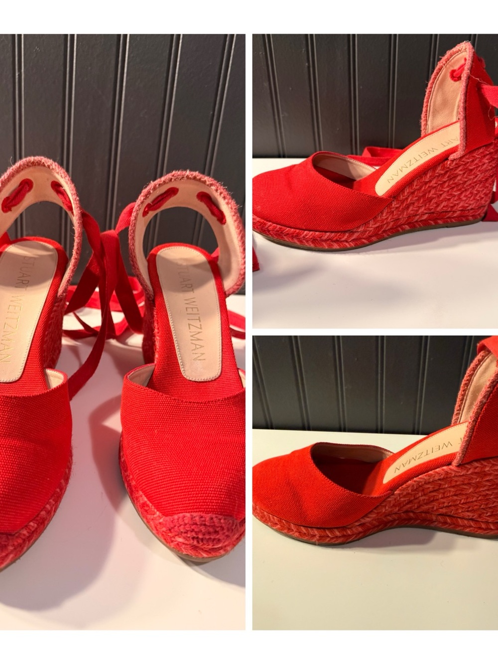 Stuart Weitzman Red Canvas Wedge Espadrille Ankle Wrap Tie Heel 7.5 EU38
